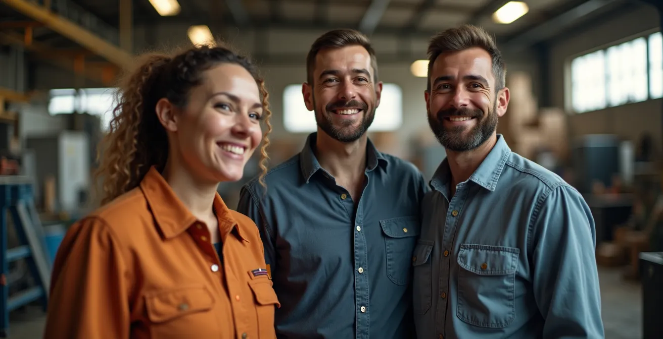 Équipe célébrant une réussite collective dans un environnement industriel