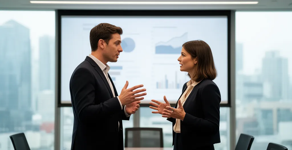 Deux professionnels debout côte à côte devant un écran de présentation en salle de réunion