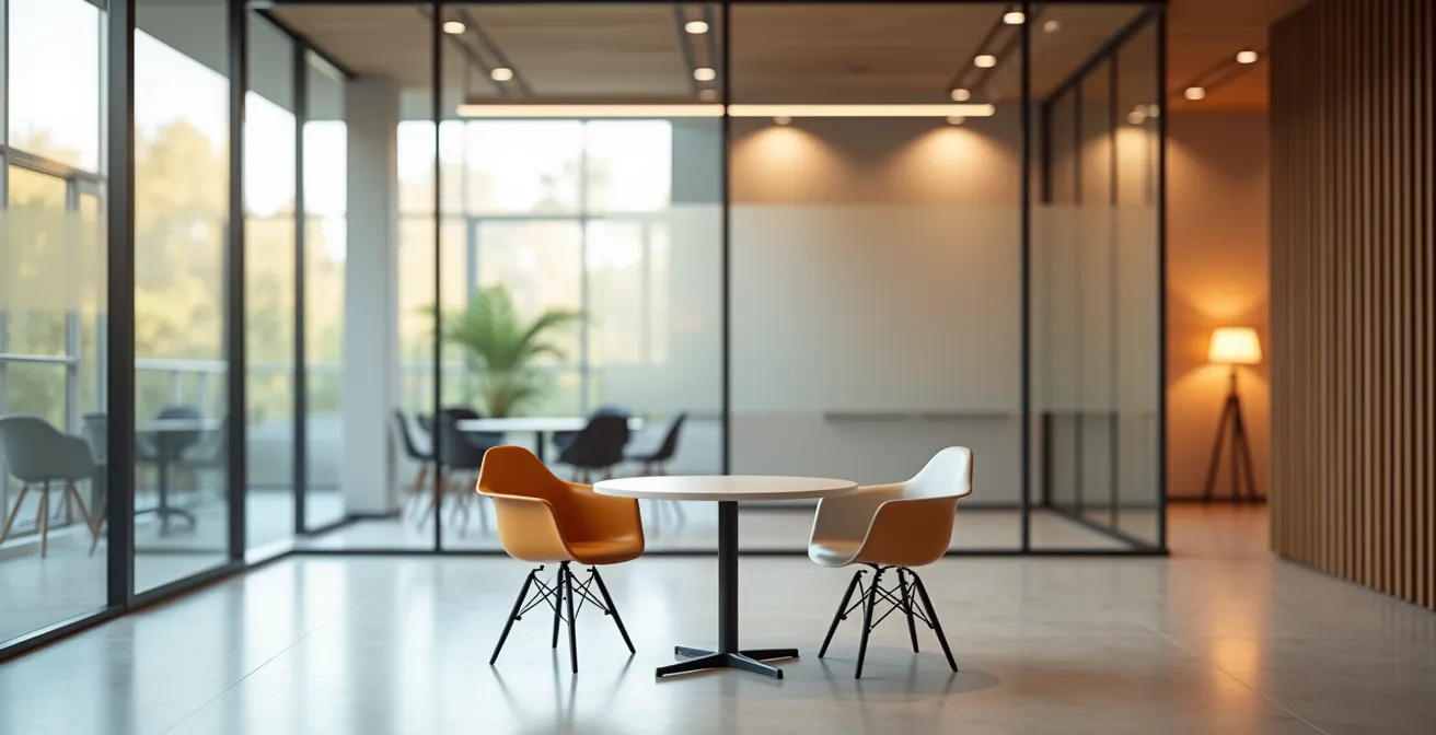 Espace de travail épuré avec architecture moderne et lumière naturelle