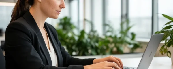 Professionnelle consultant son ordinateur portable dans un espace de coworking moderne