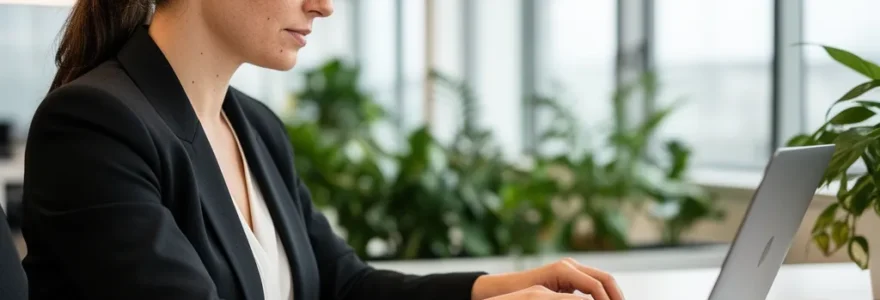 Professionnelle consultant son ordinateur portable dans un espace de coworking moderne